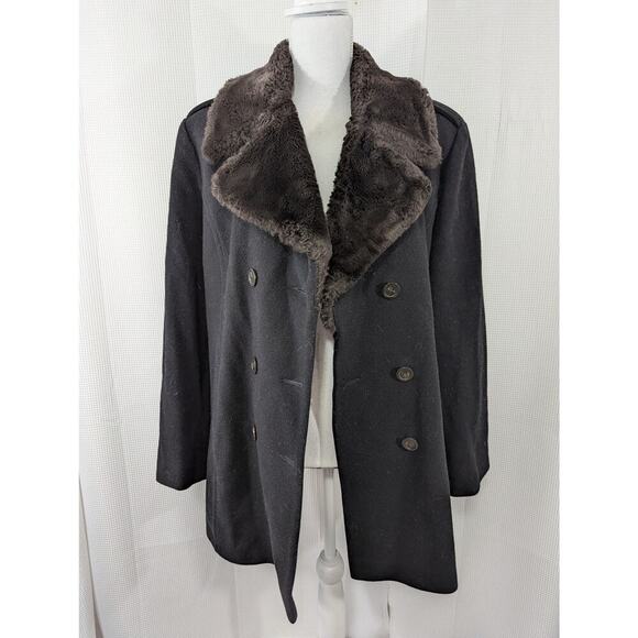 LARRY LEVINE! RICH BLACK DOUBLE BREASTED FAUX FUR COLLAR PEACOAT, JACKET! SZ 12 - Picture 3 of 10